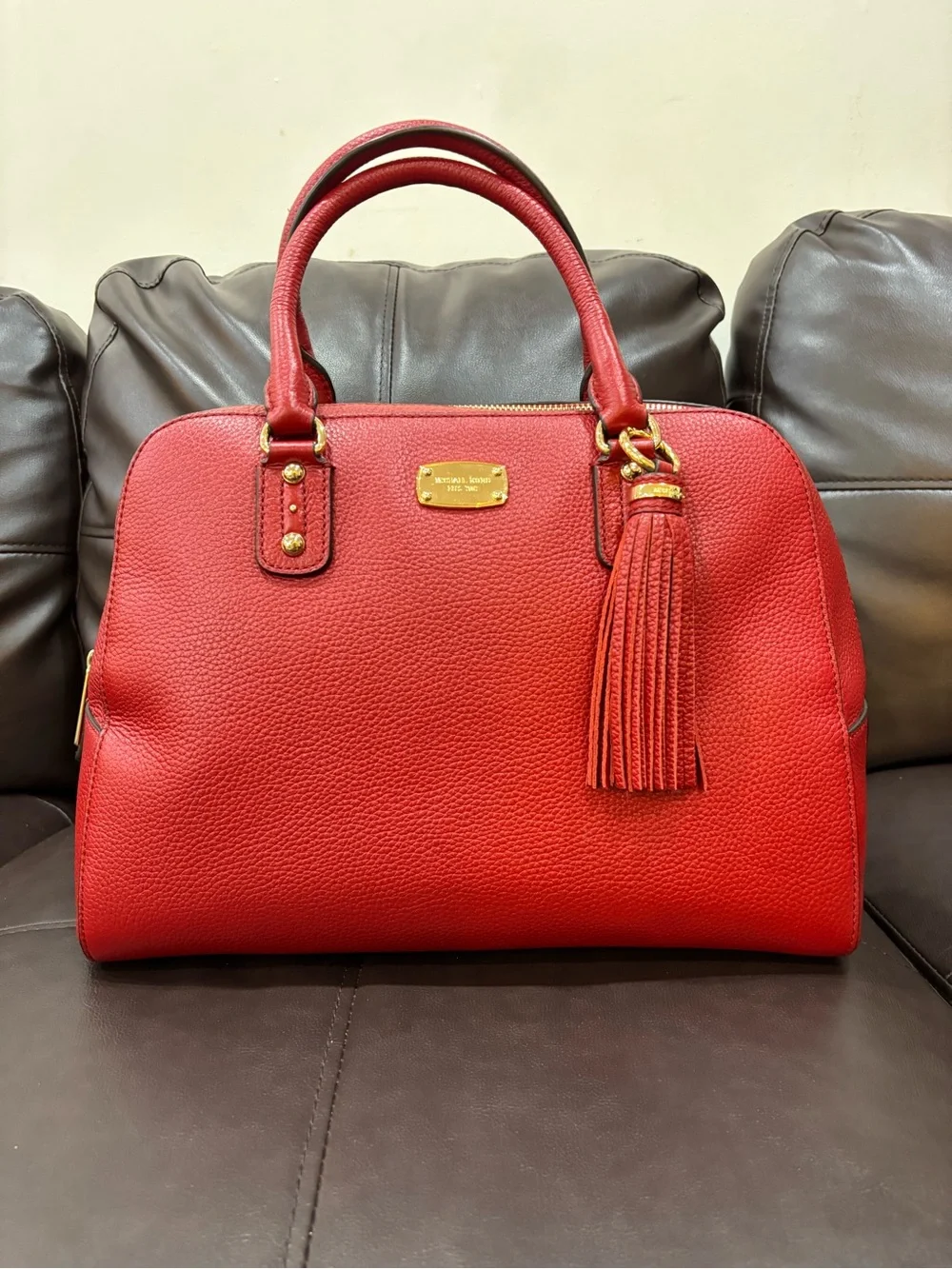 NWT Michael Kors Red Sandrine Pebbled Leather Satchel Handbag with Tassel $398